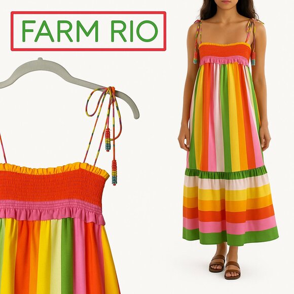 Farm Rio Rainbow Stripe Smocked Tie Strap Tiered Midi Dress Size S Designer - Picture 1 of 16